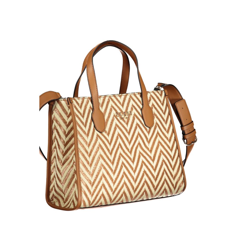 Guess Jeans Brown Cotton Handbag with two handles, adjustable strap, and chevron pattern, featuring multiple compartments and logo.