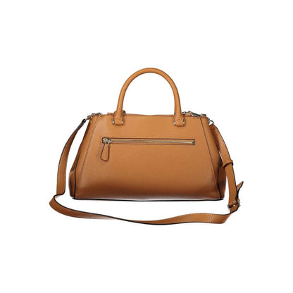 Guess Jeans Brown Polyethylene Handbag with ribbon design, adjustable strap, external pockets, and logo.