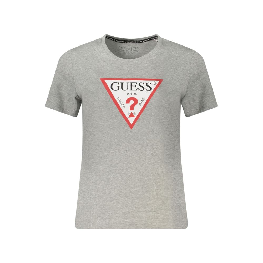 Gray Guess Jeans organic cotton women top with logo, short sleeves, and crew neck.