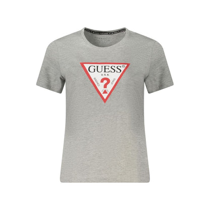 Gray Guess Jeans organic cotton women top with logo, short sleeves, and crew neck.