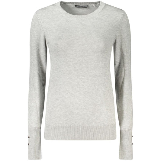 Guess Jeans Gray Viscose Women Sweater with rhinestone details, crew neck, and long sleeves for stylish comfort.