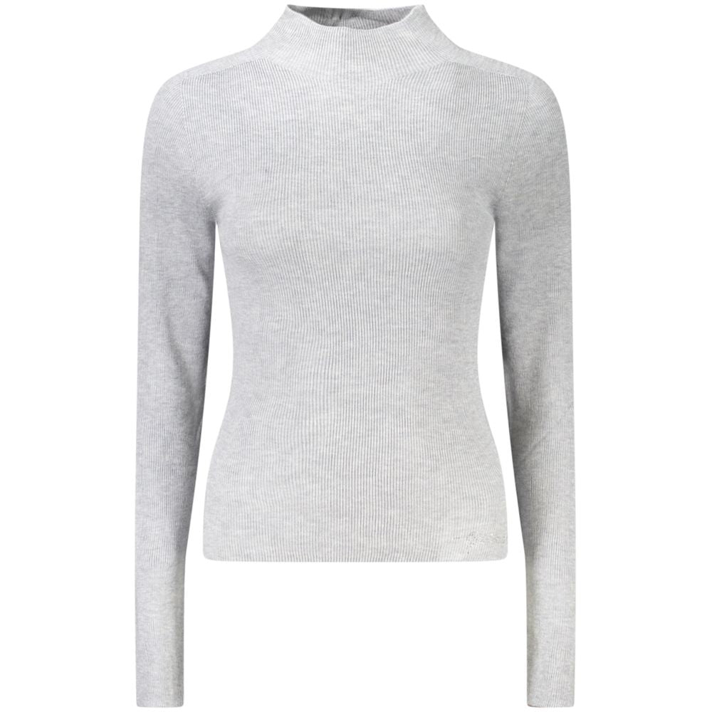 Guess Jeans Gray Wool Women Sweater with high-neck design, rhinestone logo, and luxurious wool-polyester-cashmere blend for stylish comfort.