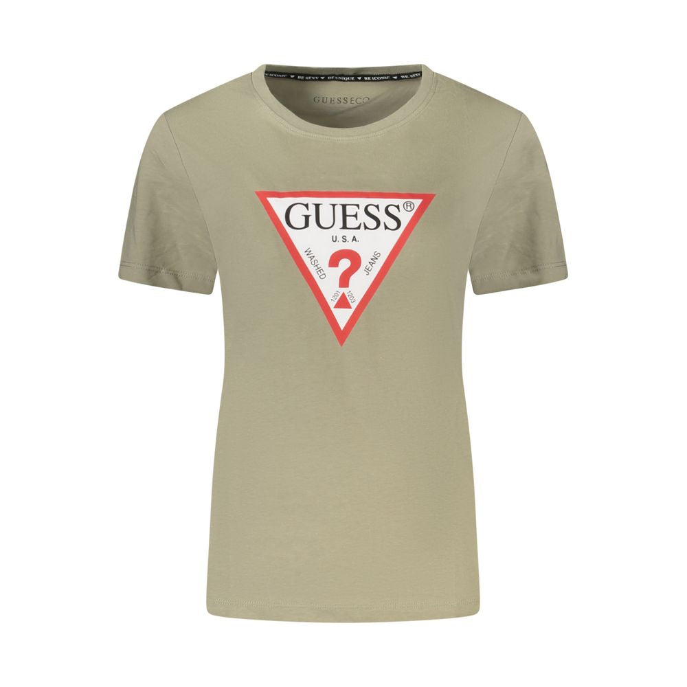 Guess Jeans Green Cotton Women T-Shirt with logo and crew neck design, crafted from organic cotton for sustainable fashion.