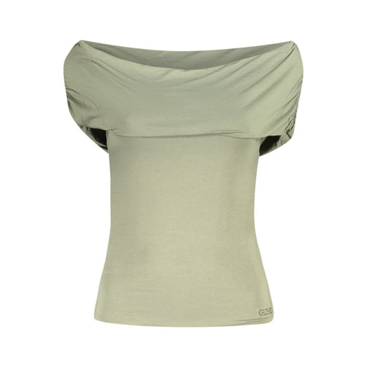 Guess Jeans Green Modal Women T-Shirt with rhinestone logo, off-shoulder style, short sleeves, comfortable and stylish for standout fashion.