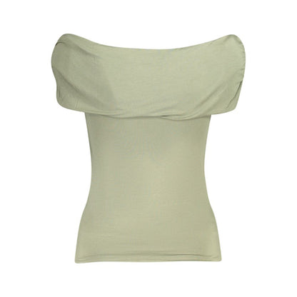 Guess Jeans Green Modal Women T-Shirt, off-the-shoulder design with rhinestone logo, short sleeve, crafted from modal and spandex blend.