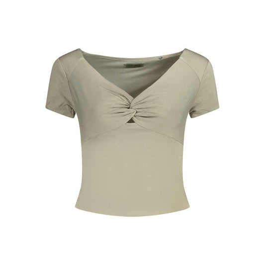 Guess Jeans Green Modal Women Top with sweet neckline and contrasting details, featuring the iconic Guess logo. Short sleeve t-shirt for style.