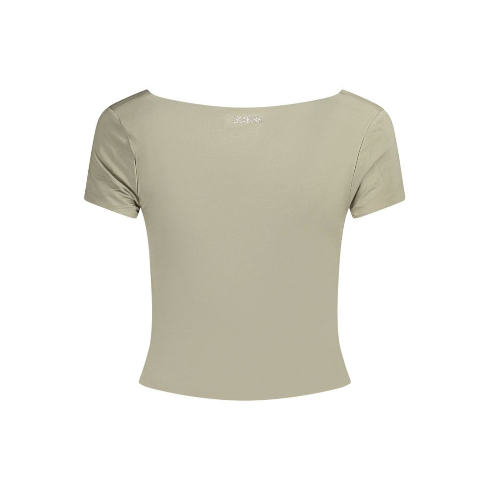 Back view of Guess Jeans Green Modal Women Top with short sleeves and sweet neckline, featuring iconic logo and contrasting details.