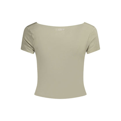 Back view of Guess Jeans Green Modal Women Top with short sleeves and sweet neckline, featuring iconic logo and contrasting details.