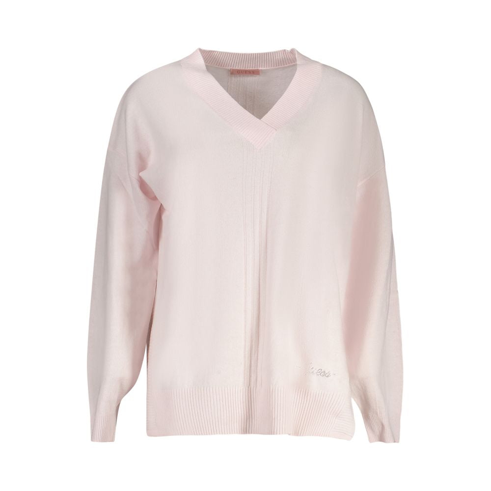 Guess Jeans Pink Acrylic Women Sweater with V-neck and long sleeves, featuring elegant design with contrasting details and iconic logo.