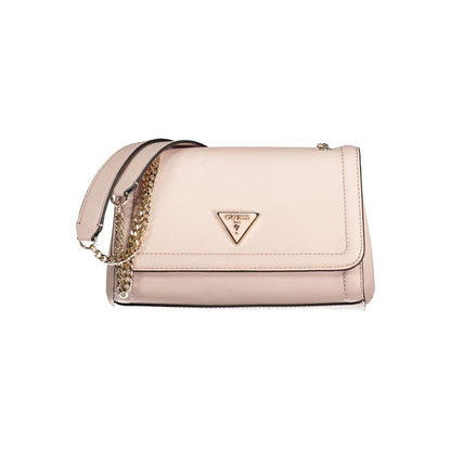 Alt Tag: Guess Jeans Pink Polyethylene Handbag with chain shoulder handles, featuring logo and multiple compartments, stylish and functional design.