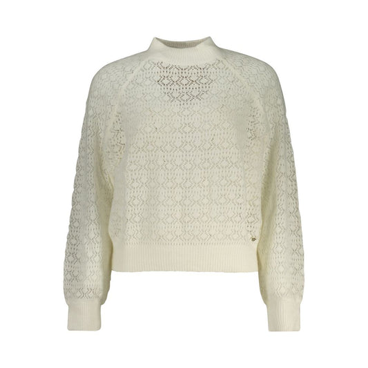 Guess Jeans White Alpaca Women Sweater with turtleneck and long sleeves, featuring Guess logo, made from alpaca leather, polyamide, and lyocell.