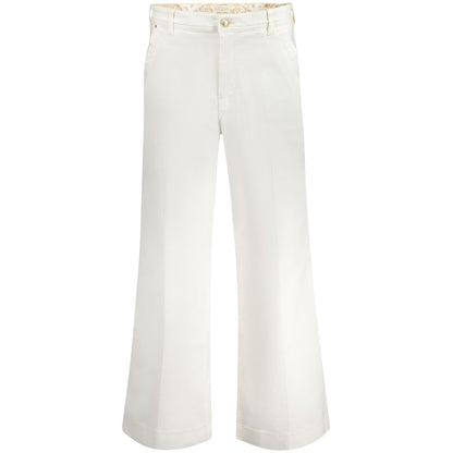 Guess Jeans White Cotton Women Jeans with relaxed high denim fit, button-and-zip fly, white color, and iconic Guess logo.