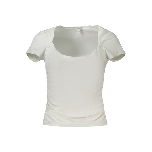 Guess Jeans White Spandex Women T-Shirt with wide neckline and short sleeves, featuring the Guess logo, perfect for stylish comfort.
