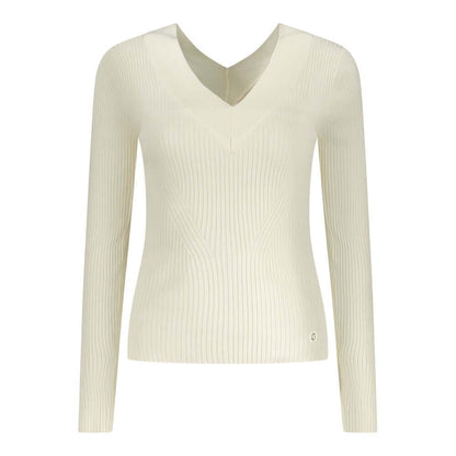 Guess Jeans White Viscose Sweater with long sleeves, V-neck, contrasting details, and logo.