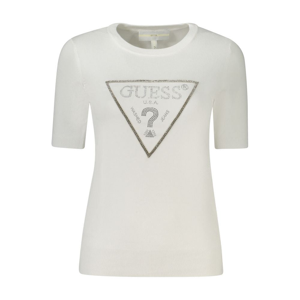 Guess Jeans White Viscose Women Sweater with rhinestone embellishments and iconic logo, front view