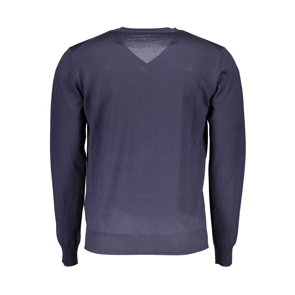 Back view of Harmont & Blaine Blue Wool Men Sweater showing V-neck design and long sleeves.