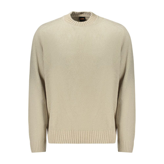 Hugo Boss Beige Cotton Sweater, long sleeve chenille, crew neck with logo