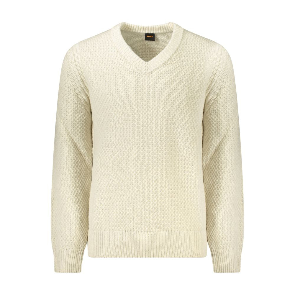 Hugo Boss Beige Wool Men Sweater with V-neck and contrasting details, exuding sophistication and style for confident individuals.