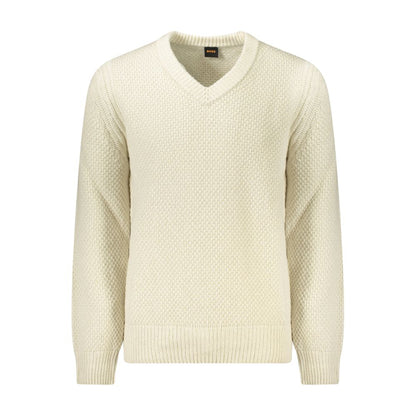 Hugo Boss Beige Wool Men Sweater with V-neck and contrasting details, exuding sophistication and style for confident individuals.