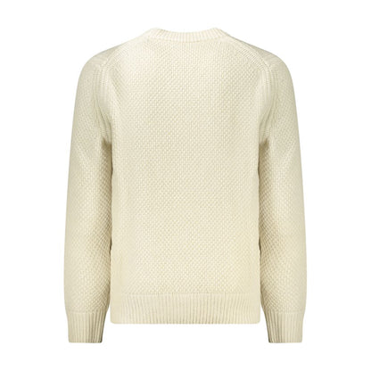 Hugo Boss Beige Wool Men Sweater back view with textured knit detailing and ribbed cuffs, showcasing luxury and style.