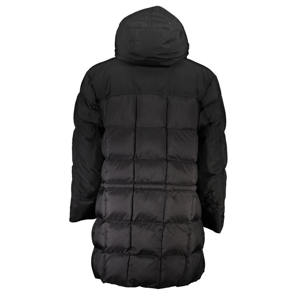 Back view of Hugo Boss Black Polyamide Men Jacket showcasing hood and quilted design, ideal for durability and elegance.