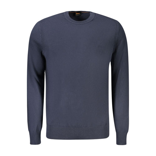 Hugo Boss Blue Cotton Sweater, long-sleeved, crew neck, with subtle logo embroidery - perfect fashion piece for elegant casual wear