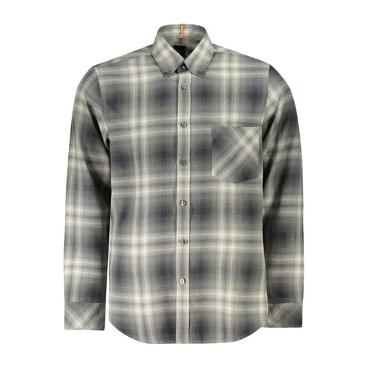 Hugo Boss Green Cotton Shirt with button down collar, one pocket, long sleeves, and contrasting details, made from recycled cotton.