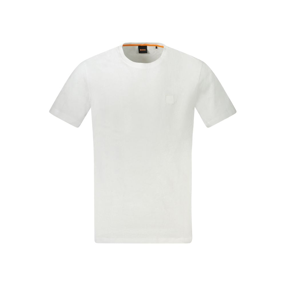 Hugo Boss White Cotton Men T-Shirt with crew neck and logo embroidery, elegant and comfortable fashion statement.