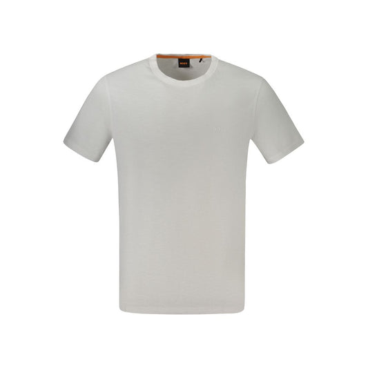 Hugo Boss White Cotton T-Shirt with short sleeves and crew neck, featuring a logo print.