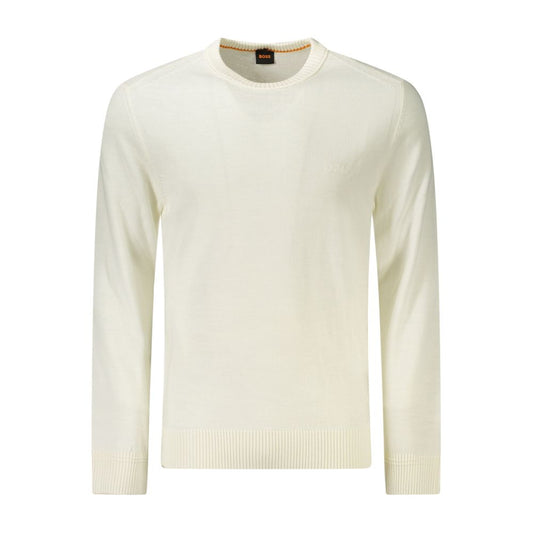 Hugo Boss White Wool Men Sweater with crew neck and embroidered logo, long sleeves, luxury knitwear blending wool and polyacrylic for comfort.