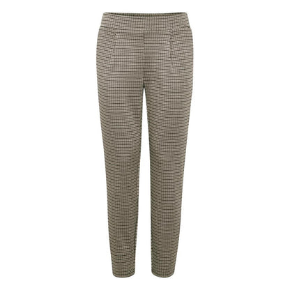 ICHI Beige Polyester Casual Pants for women, featuring a check pattern, tapered cut, and side pockets for refined, versatile style.