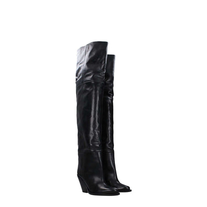 Isabel Marant Black Leather Over The Knee boots with high heel and square toe.