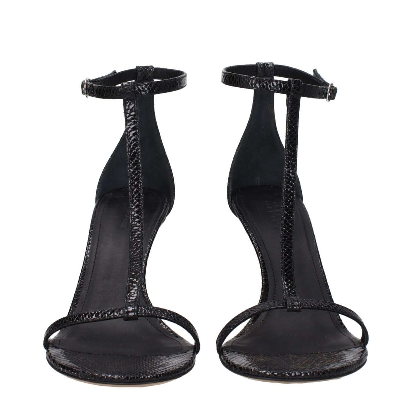 Isabel Marant Black Leather Stiletto Heel Sandals featuring black suede and self-tie closure, open toe with high stiletto heel, front view.