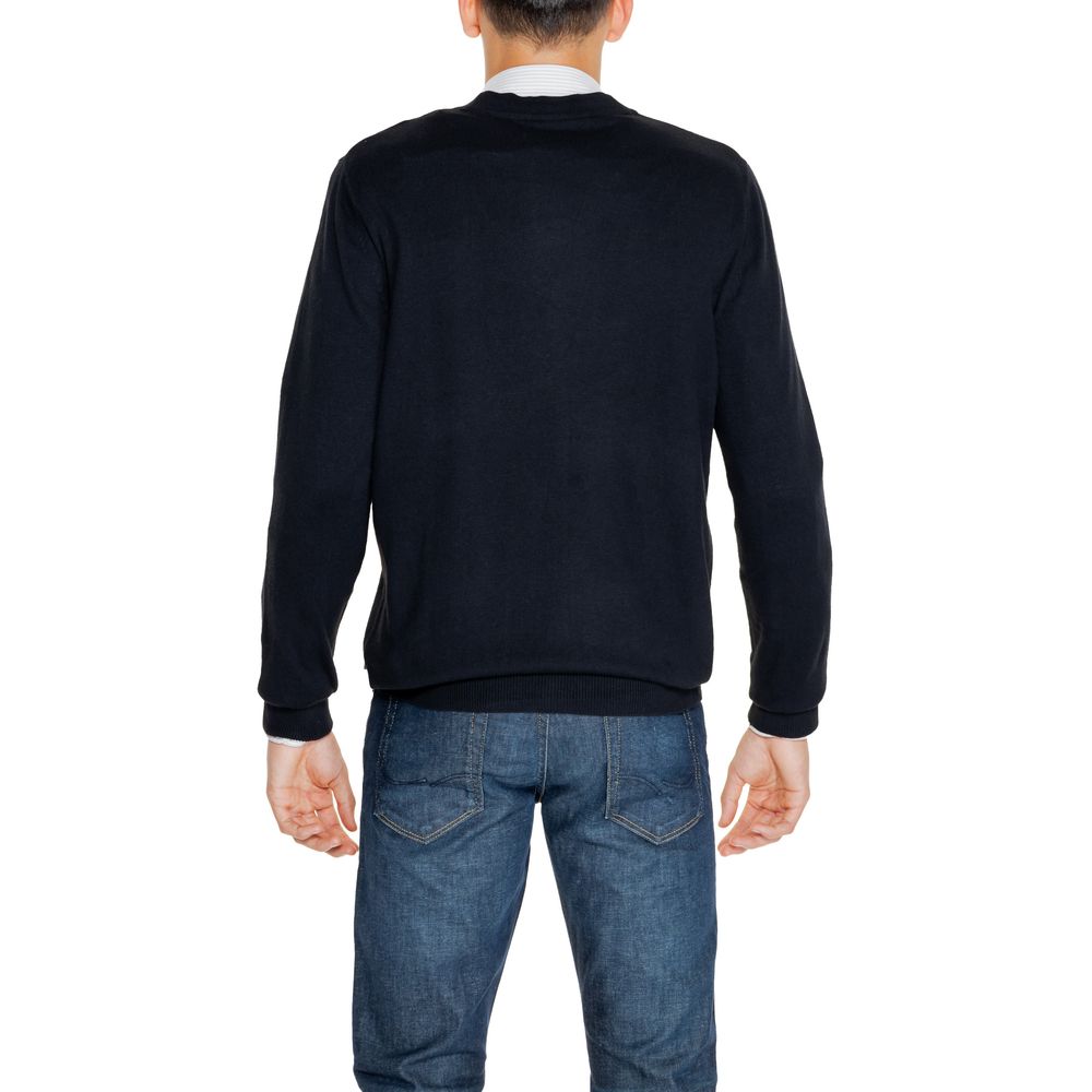 Back view of Jack Jones Black Cotton Cardigan worn by a man, emphasizing comfort and modern style.