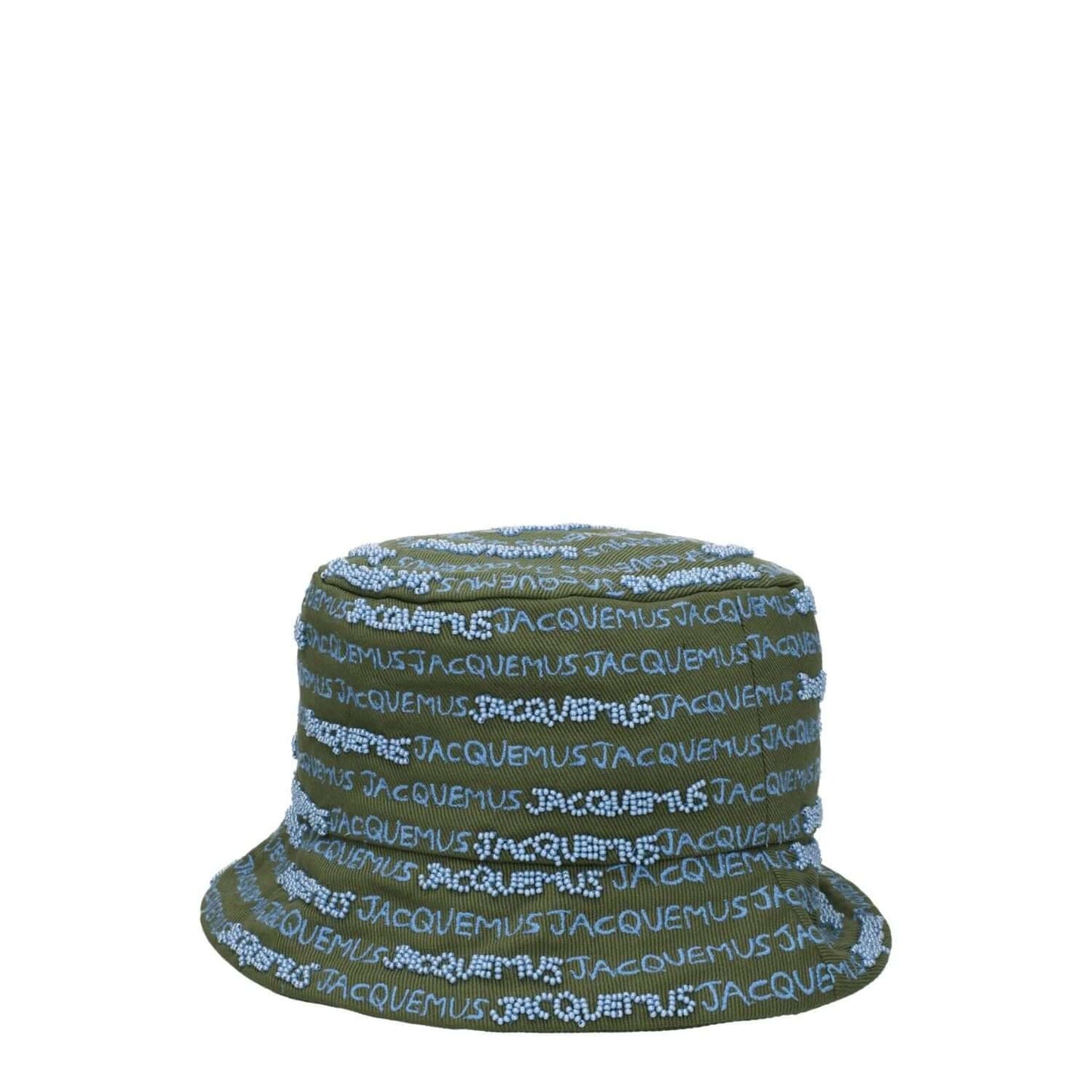 Jacquemus Green Cotton Bucket Hat with logo design and beaded embellishments in khaki.