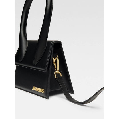 Side view of Jacquemus Le Chiquito Moyen Black Bag with gold hardware and detachable strap.