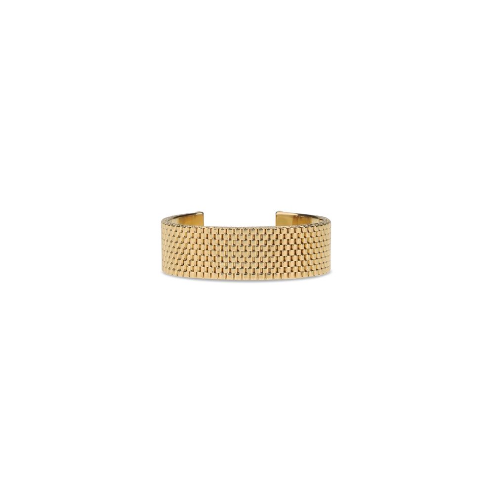 Jil Sander Gold Brass Bracelet with mesh texture, showing minimalist design for AW25 season, made from 100% brass with brand logo inside.