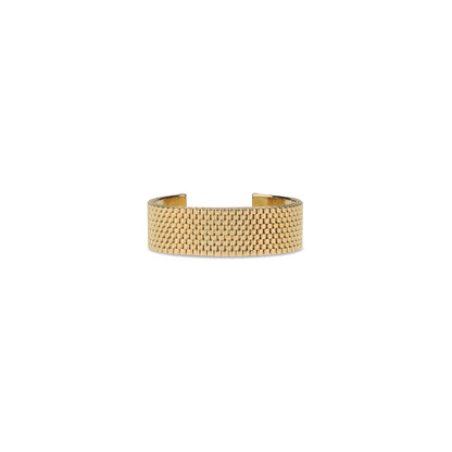Jil Sander Gold Brass Bracelet with mesh texture, showing minimalist design for AW25 season, made from 100% brass with brand logo inside.