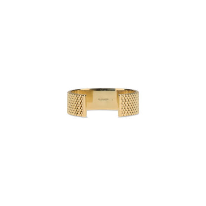 Jil Sander Gold Brass Bracelet with refined mesh texture and engraved logo.