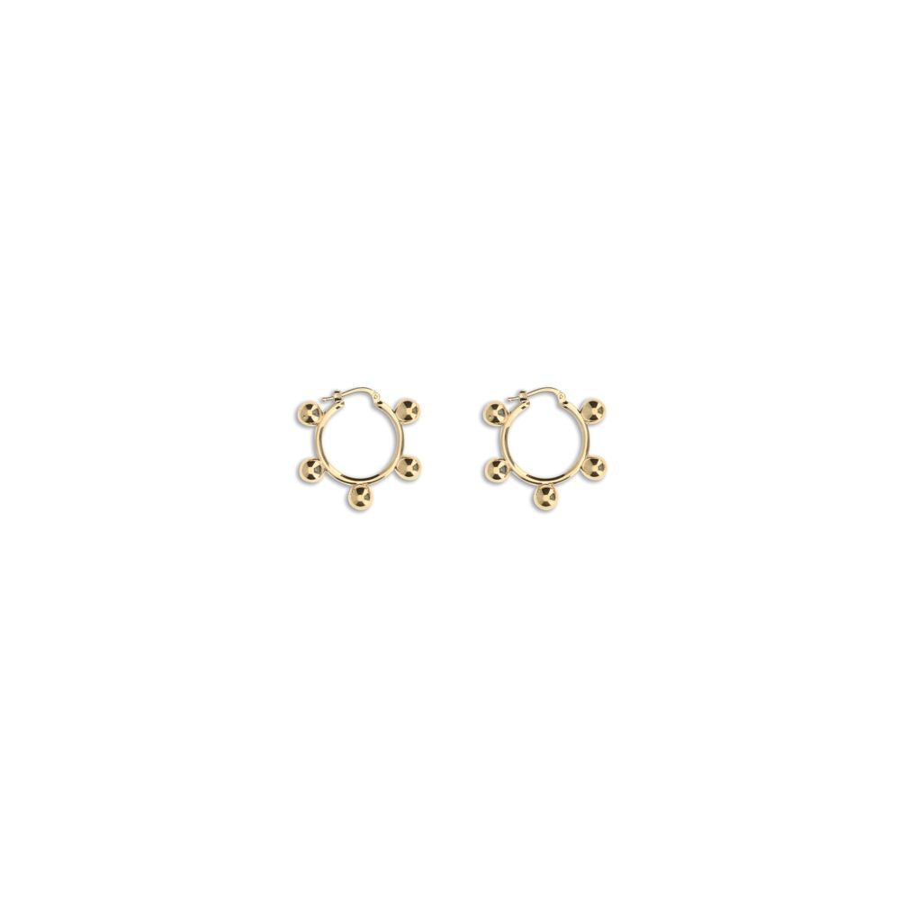 Jil Sander Gold Brass Earrings with silver tone, hoop design, featuring snap closure and engraved logo, nickel-tested and antioxidant-treated.