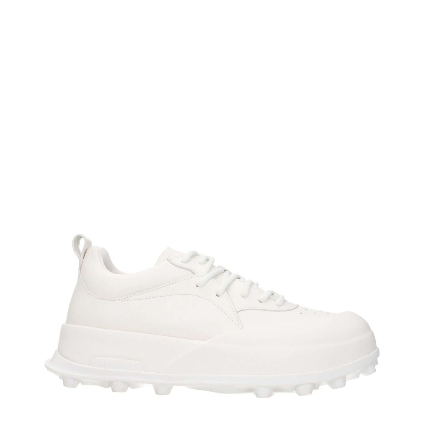 Jil Sander White Leather Sneakers with mid heels, rubber sole, lace-up closure, and side logo, perfect for sporty glam style.