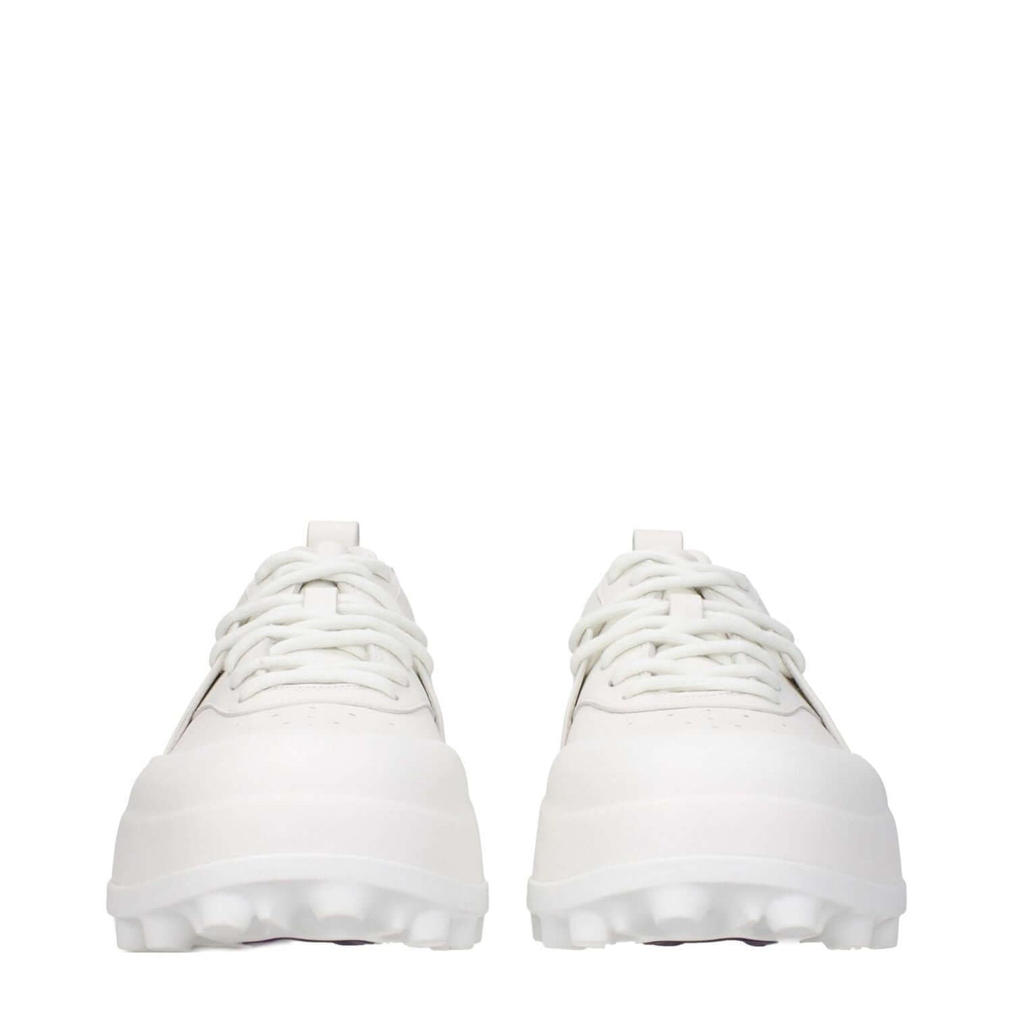 Jil Sander White Leather Sneakers with lace-up design and rubber sole, side logo visible, sporty glam style, round toe mid heel shoes.