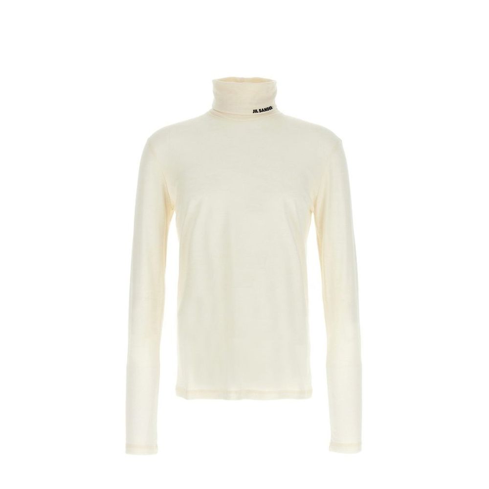 Jil Sander White Polyester Turtleneck for men with high neck and long sleeves, featuring a contrast logo on the collar, size L/EU Regular fit.