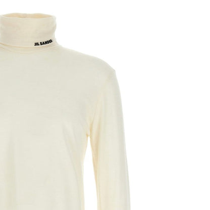 Jil Sander White Polyester Turtleneck with contrast logo on collar, long sleeves, high neck, and regular fit for men.