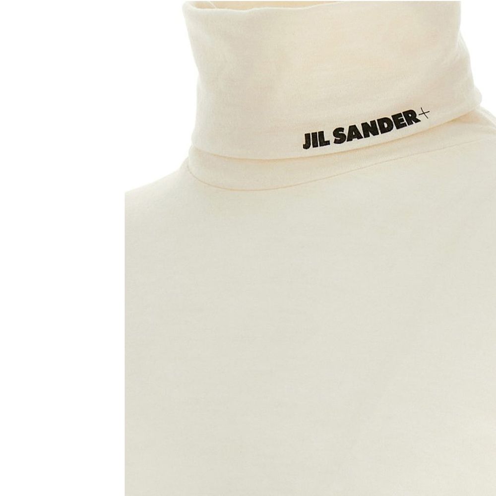 Jil Sander White Polyester Turtleneck with contrast logo on collar, long sleeves, high neck, 55% polyester, 45% virgin wool, men's size L, EU fit.