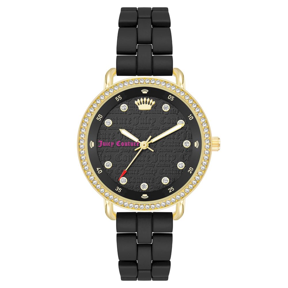 Juicy Couture Black Metal Dress Watch with golden case, black dial, and folding closure on black metal bracelet