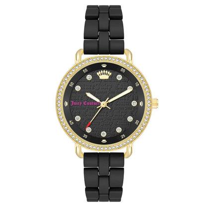 Juicy Couture Black Metal Dress Watch with golden case, black dial, and folding closure on black metal bracelet