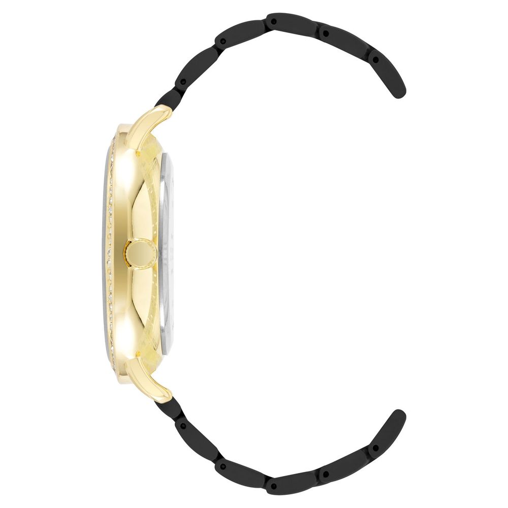 Side view of Juicy Couture Black Metal Dress Watch with golden metal case and black metal bracelet.
