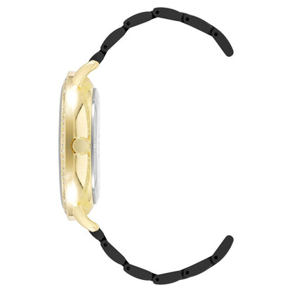 Side view of Juicy Couture Black Metal Dress Watch with golden metal case and black metal bracelet.