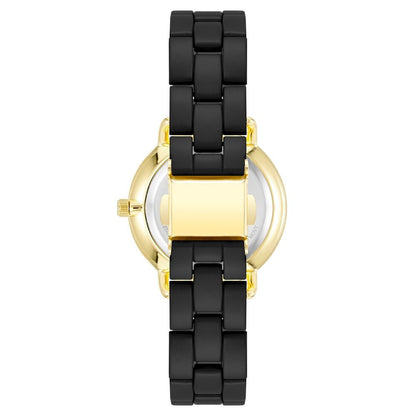 Back view of Juicy Couture Black Metal Dress Watch with golden case and black metal bracelet.